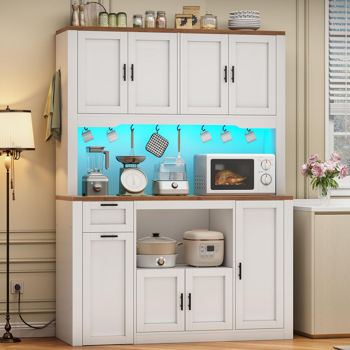 Itaar 71" Kitchen Pantry Cabinet with Charging Station and Led Light, Kitchen Storage Cabinets with Microwave Stand, 59" Wide Pantry Storage Cabinet with Storage Cart 3 Tier for Dining Room, White