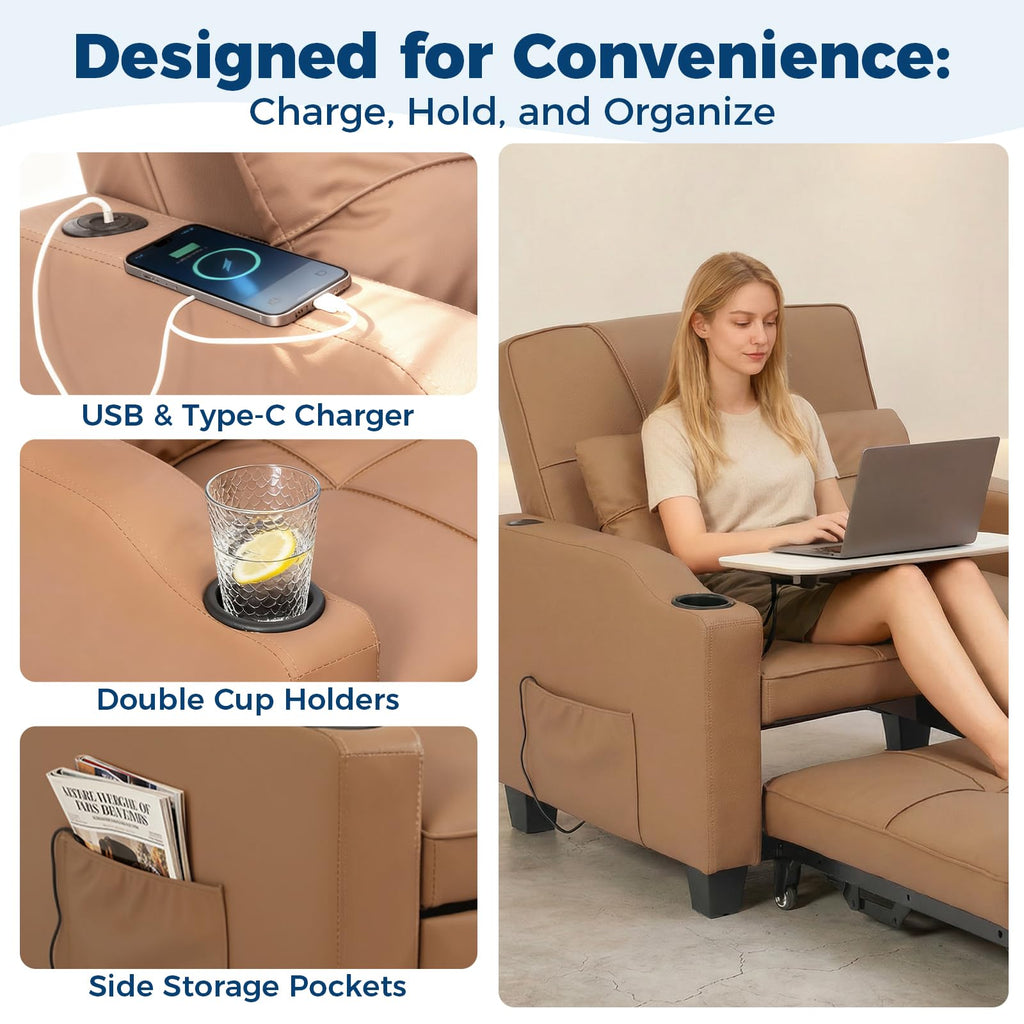Sleeper Chair Pull Out Bed, 4 in 1 Convertible Sofa Chair Bed with Vibration Massage Lumbar Pillow, Single Sofa Recliner with USB/Type-C Port, Cup Holders and Side Pocket for Small Spaces (Black)