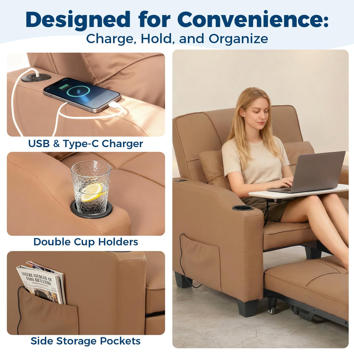 Sleeper Chair Pull Out Bed, 4 in 1 Convertible Sofa Chair Bed with Vibration Massage Lumbar Pillow, Single Sofa Recliner with USB/Type-C Port, Cup Holders and Side Pocket for Small Spaces (Black)