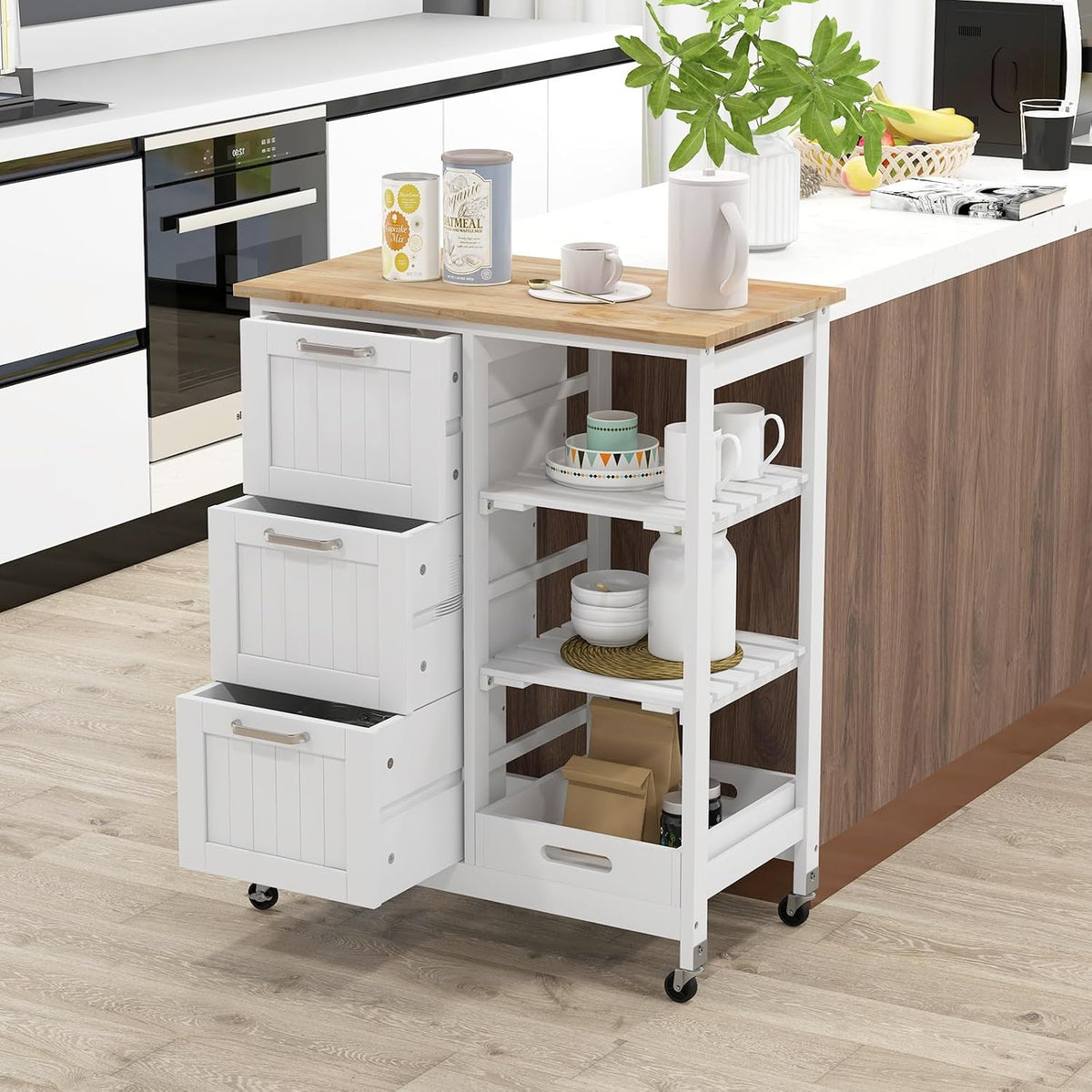 Small Kitchen Island, Kitchen Utility Cart on Wheels, Serving Cart with Drawers, Shelves, Tray, Rubber Wood Tabletop, Kitchen Rolling Cart with Storage for Dining Room, Bar (White)