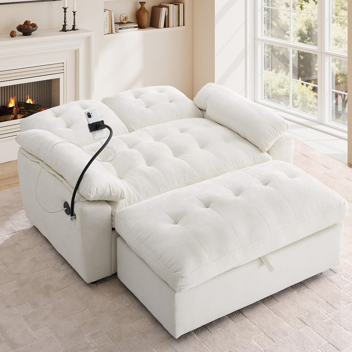 Oversized Chaise Lounge Chair Indoor, Single Convertible Recliner Reading Arm Sofa Chair W/Adjustable Backrest & Charging Port Couch Bed for Living Room, Home Theater & Bedroom, Brown