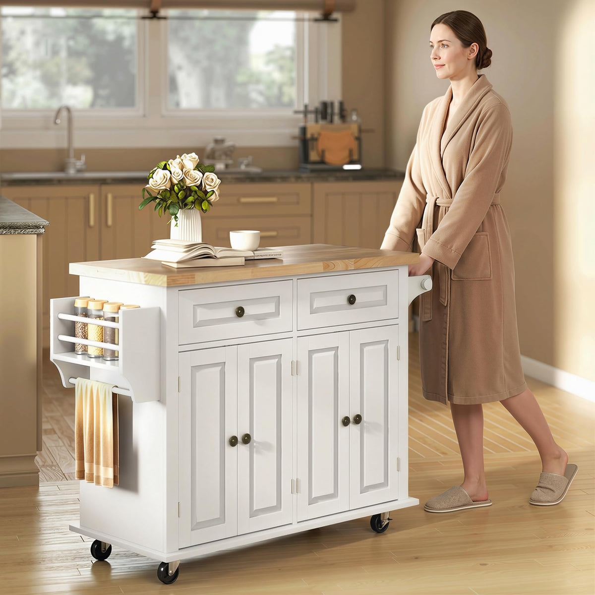 HOMCOM Kitchen Island Cart on Wheels with Solid Wood Top, 44" Cream White