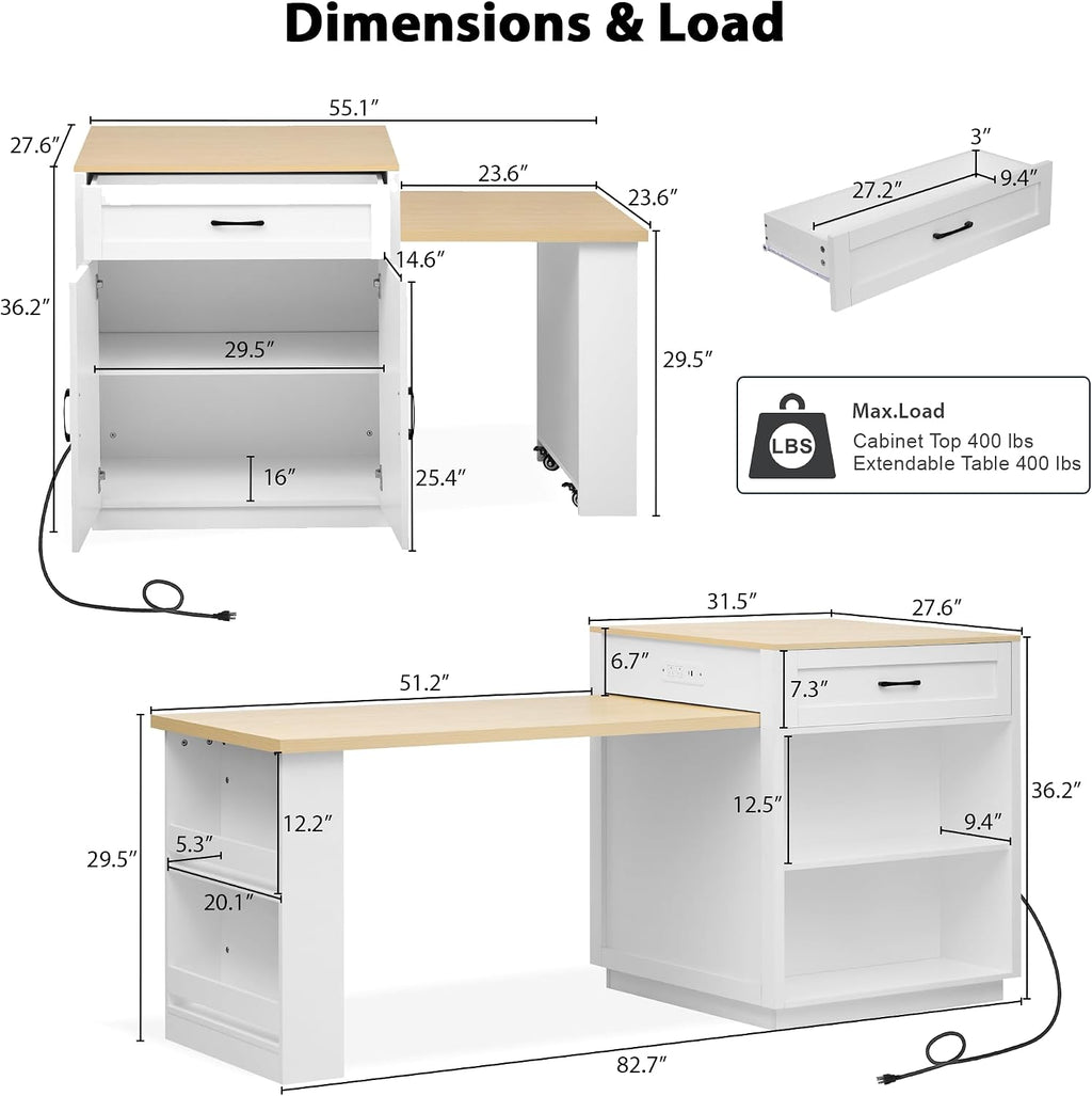 Ball & Cast Kitchen Island with Extendable Dining Table and Power Outlet,82.7" Rolling Kitchen Cart W/ 2 Drawers & 2 Side Open Shelves,Kitchen Table W/Double-Sized Storage,for Dining Room,White