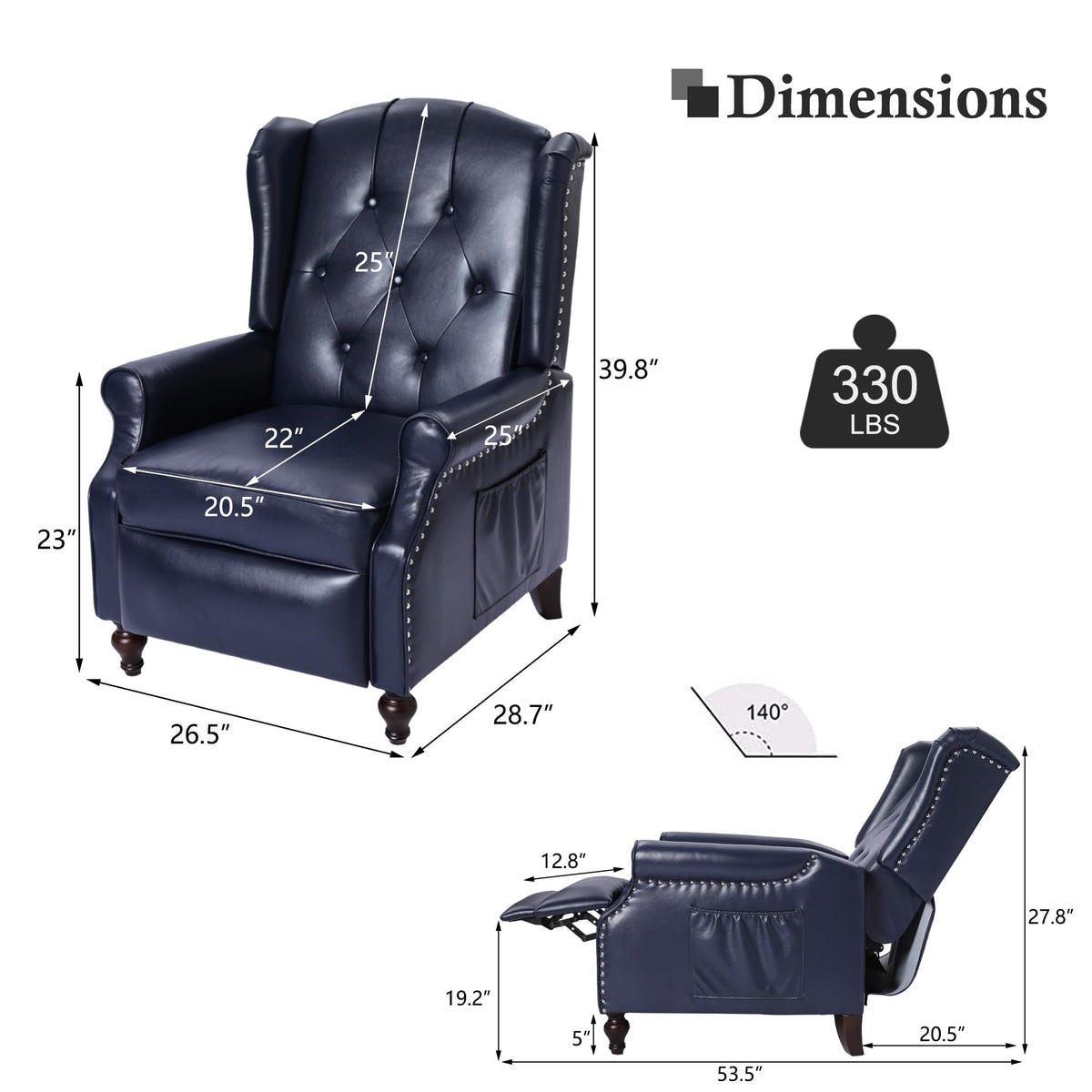 Wingback Recliner Chair - Tufted Arm Chair Recliner - Fabric Push Back Single Sofa for Living Room Adjustable Backrest (Blue Floral)