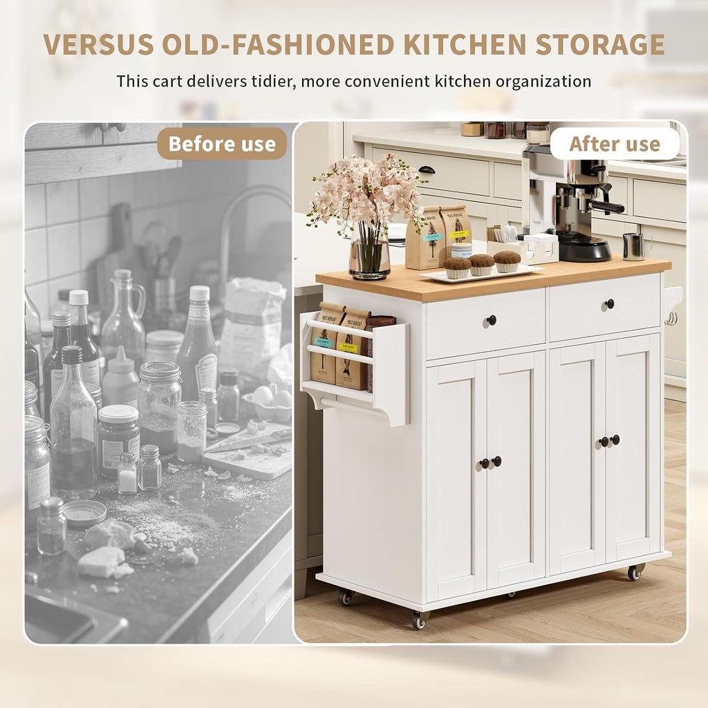 Kitchen Island with Storage, 35.4" Rolling Kitchen Island Cart on Wheels with 2 Drawers&Doors, Portable Kitchen Island Cart with Spice Rack&Towel Rack for Small Spaces Dining Room, White
