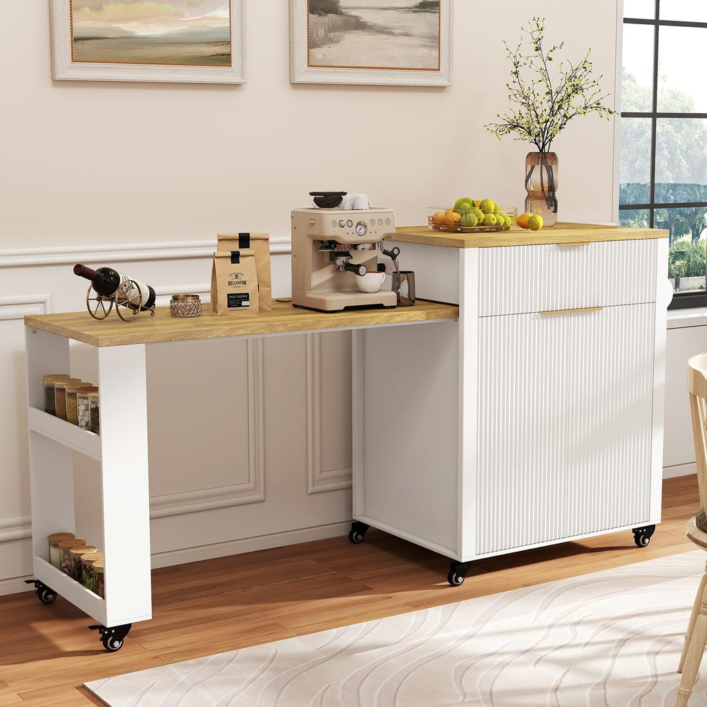 Rolling Kitchen Island with Extendable Dining Table, 75.8" Kitchen Cart on Wheels, Mobile Island Table with Storage Drawers, Open Side Shelf& Power Outlet for Kitchen, Dining Room (White)