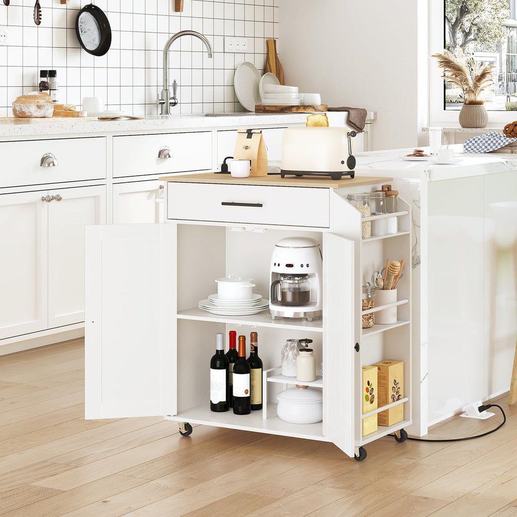 HOOBRO Kitchen Island with Power Outlet, Storage Island with Spice Rack and Drawer, Rolling Kitchen Cart on Wheels, for Home, Dining Room, Rustic Brown and Black