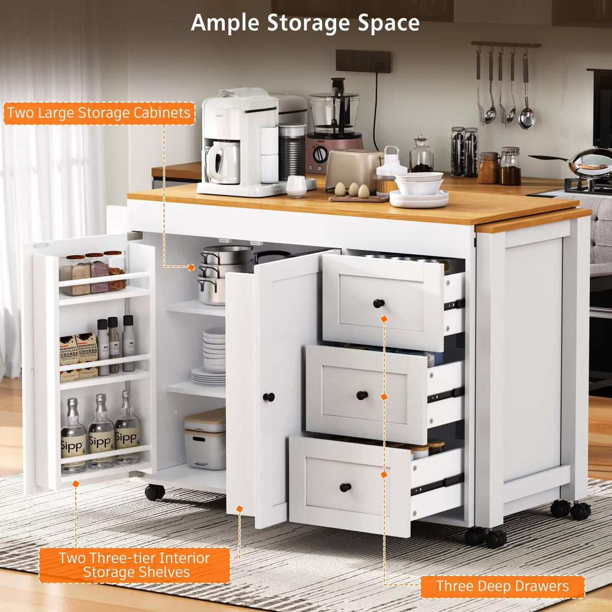 Large Kitchen Island with Extended Dining Table and Power Outlet, Rolling Kitchen Storage Cart with 3 Drawers, Kitchen Island on Wheels with Spice Rack and 2 Door Cabinet, Black