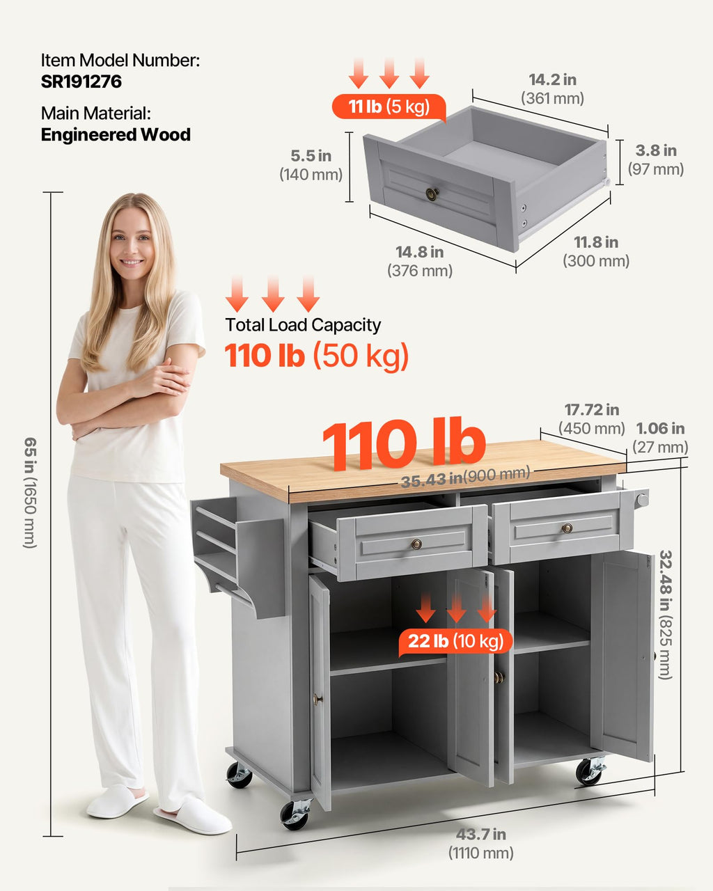 VEVOR Kitchen Island Cart with Storage, 43.58 in Wide Mobile Rolling Storage Island on Swivel Wheels, with 2 Drawers, Storage Cabinet, Drop Leaf, Spice/Towel Rack, Table for Home Dining Room, White