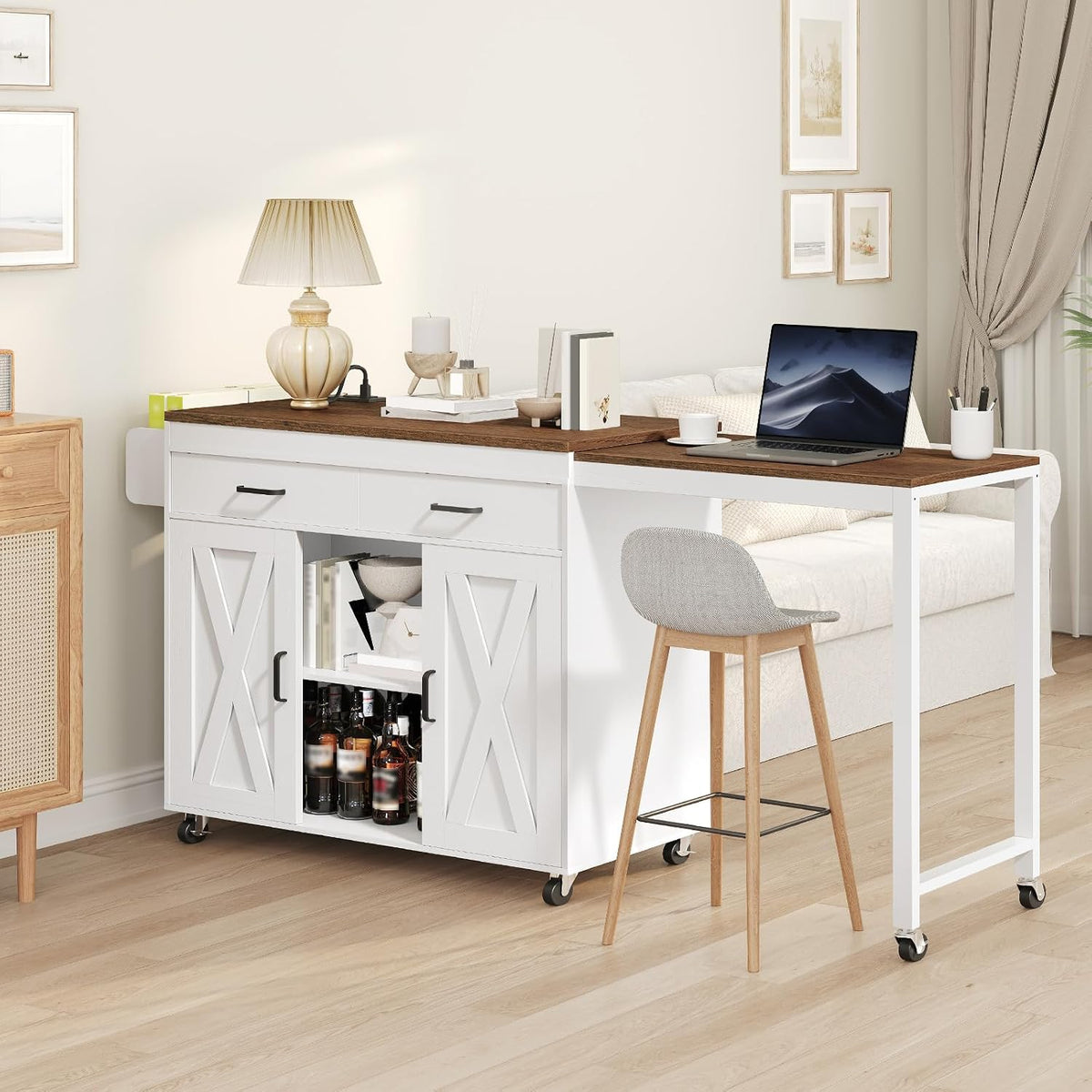 YATINEY Extendable Kitchen Island, Large Mobile Kitchen Storage Island, Rolling Kitchen Cart with Outlets, Island Table for Kitchen, White ZD03UWH