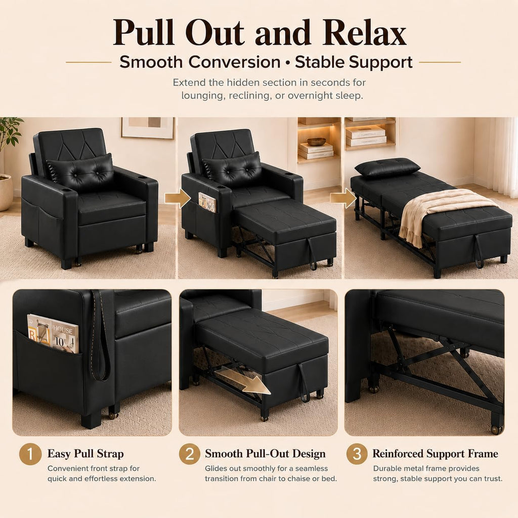AILEEKISS Sleeper Chair Bed, 3-in-1 Convertible Pull Out Sofa, Faux Leather