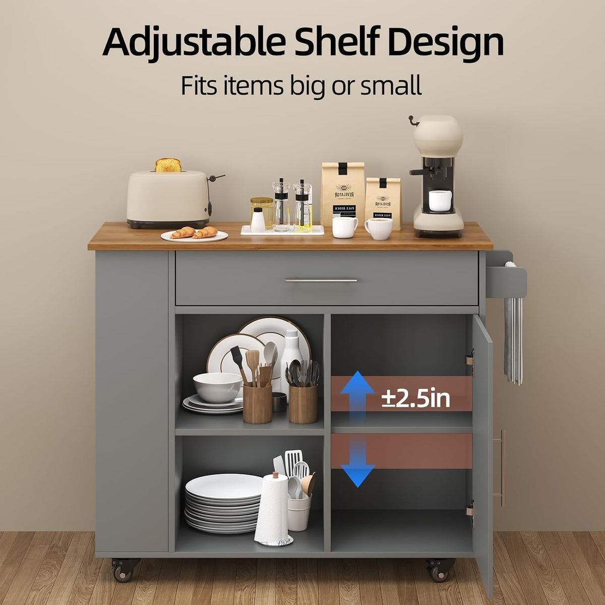 39'' Kitchen Island with Storage, Rolling Kitchen Island on Wheels, Grey