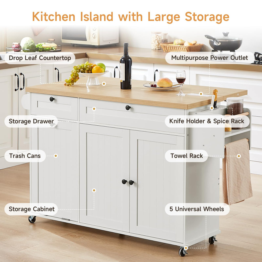 ONBRILL 60" Kitchen Island with Trash Can Storage, Rolling Island Table