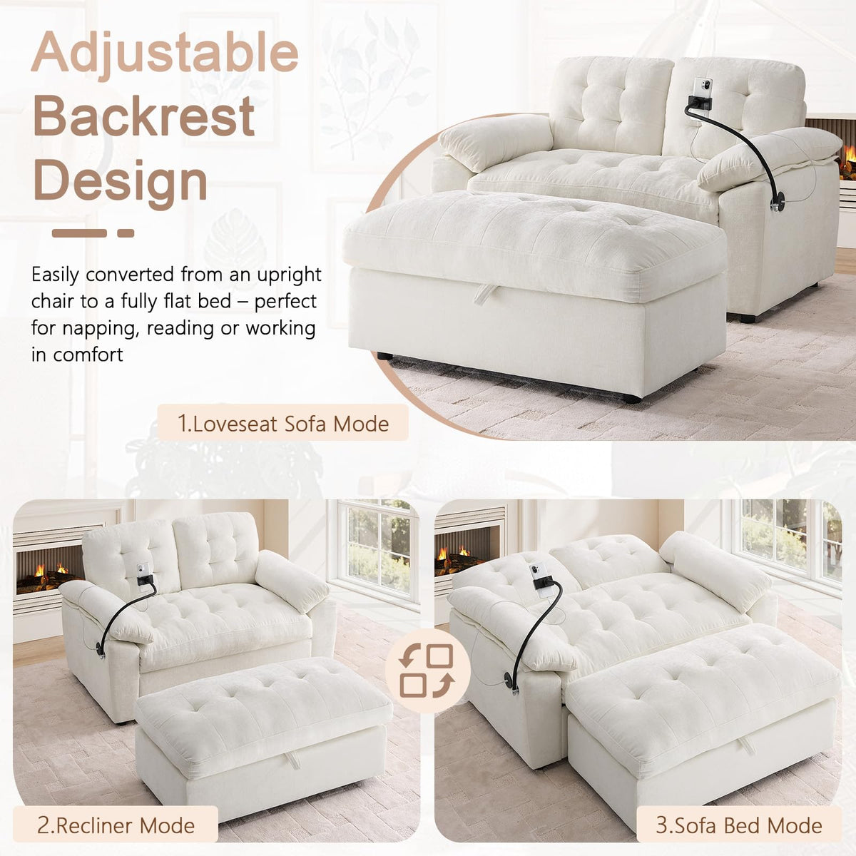Oversized Chaise Lounge Chair Indoor, Single Convertible Recliner Reading Arm Sofa Chair W/Adjustable Backrest & Charging Port Couch Bed for Living Room, Home Theater & Bedroom, Brown