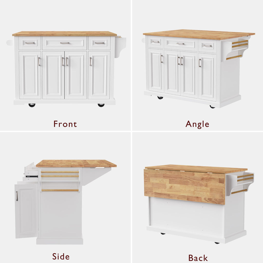 Large Kitchen Island with Rubber Wood Drop Leaf and Silver Handle