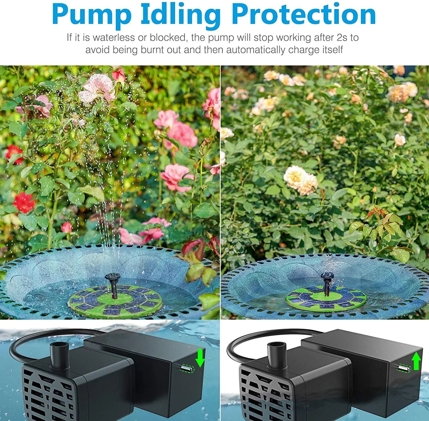 Solar or Water (Green) Nozzles, with Built-in Pond Fish Solar Pump AISITIN Decoration 1200mAh Solar Fountain Pump, Garden for Aerator Bird Floating Fountain Pump Bath, Battery, 6 3W Tank,