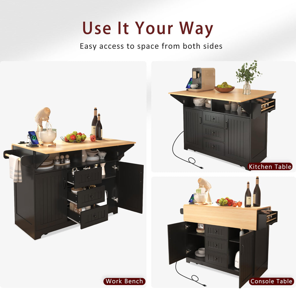 GDFStudio 55.7" Large Kitchen Island with 2 Drop Leaf,Rolling Kitchen Cart on 5 Wheels with Outlet, Folding Storage Dining Table with Spice & Towel Rack,3 Drawers,for Kitchen, Dining Room,White
