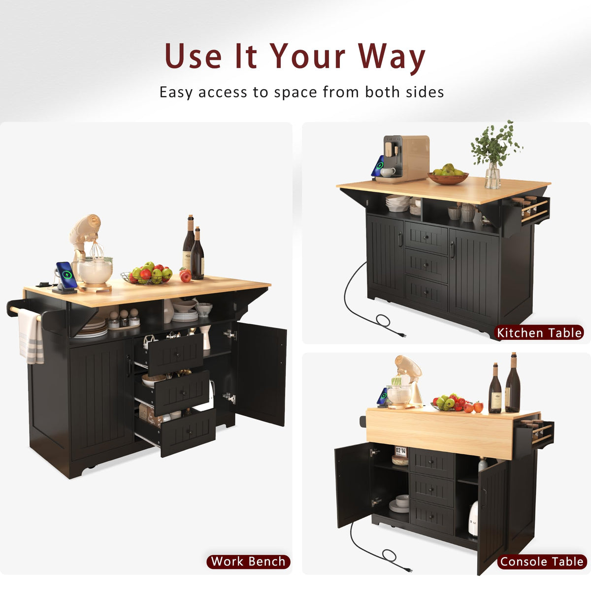 GDFStudio 55.7" Large Kitchen Island with 2 Drop Leaf,Rolling Kitchen Cart on 5 Wheels with Outlet, Folding Storage Dining Table with Spice & Towel Rack,3 Drawers,for Kitchen, Dining Room,White