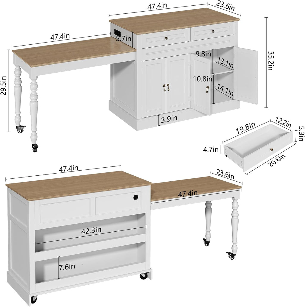 HLR 94.8" Kitchen Island with Extendable Table & Power Outlet, White