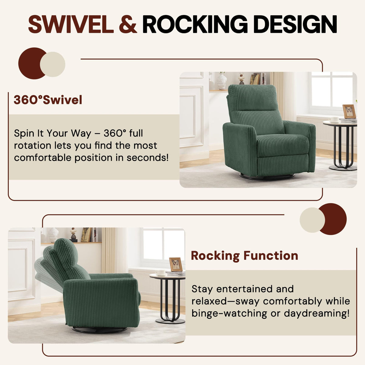 Korser 360Â° Swivel Glider Rocker Manual Recliner, High Back Corduroy Recliner with Curved Armrests, Beige Nursery Rocking Reclining Chair for Living Room Bedroom Adults
