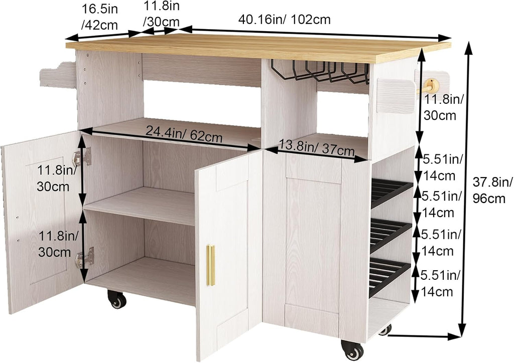 ASTRONAPE Rolling Kitchen Island Cart with Storage, Mobile Kitchen Island with Power Outlet, Large Wood Top, Drawers & Cabinets for Dining Room (White, Model 1)