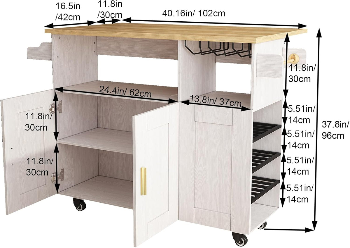 ASTRONAPE Rolling Kitchen Island Cart with Storage, Mobile Kitchen Island with Power Outlet, Large Wood Top, Drawers & Cabinets for Dining Room (White, Model 1)