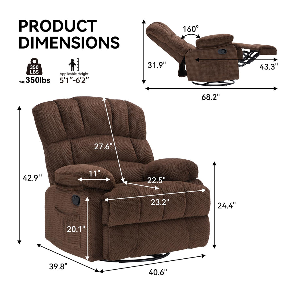 WILLOVE 41" Oversized Rocker Recliner Chair, Rocking Recliners Overstuffed Soft Big Man Manual Recliner, Extra Large Chenille Living Room Chair 350 LBS Capacity, Grey, L