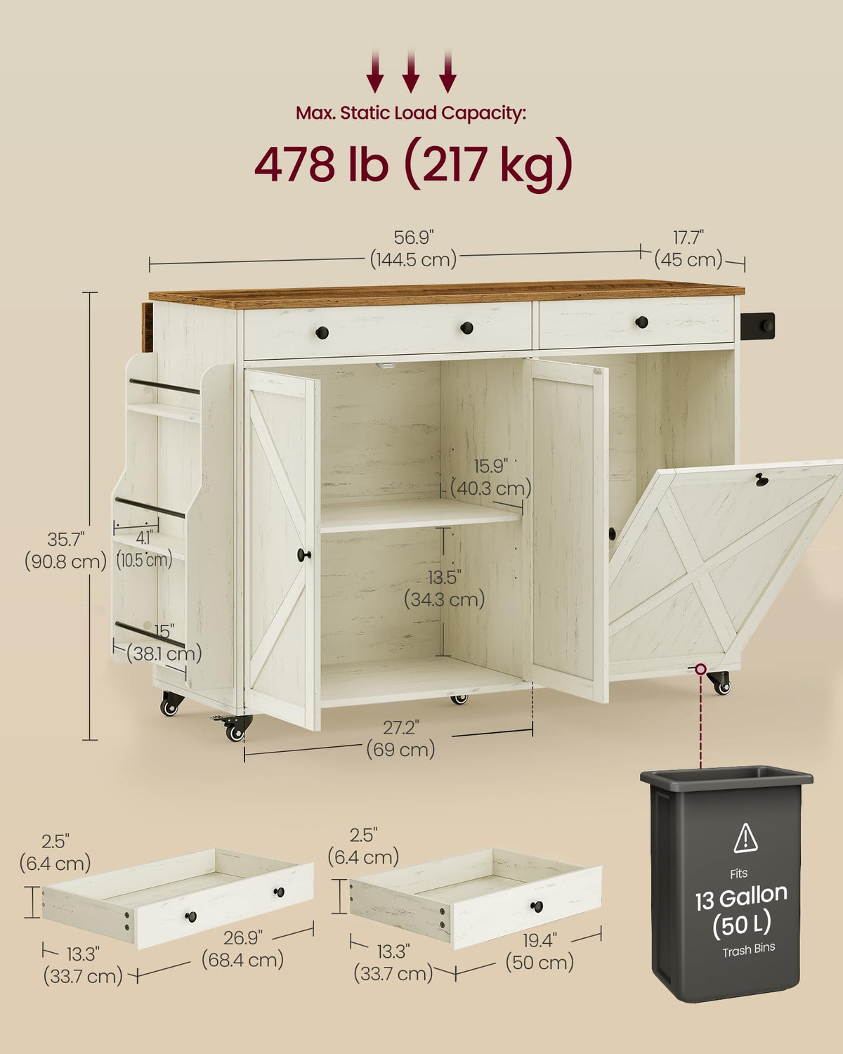 VASAGLE Mobile Kitchen Island with 2 Doors, 2 Drawers