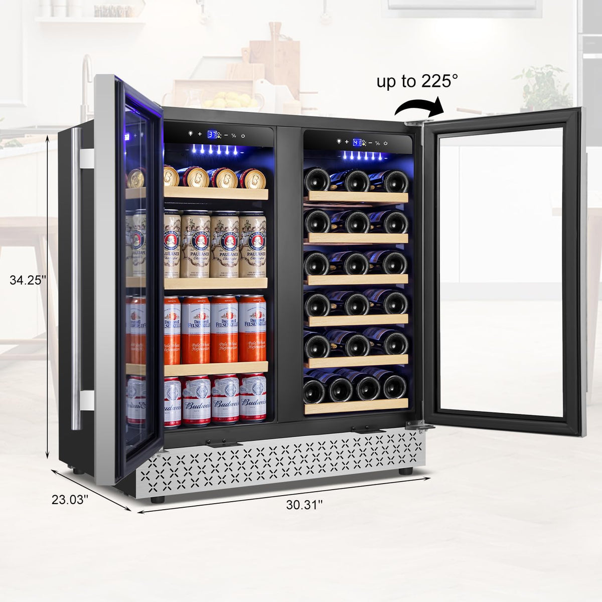 Tylza Wine Fridge 15'', 30 Bottles Wine Cooler Refrigerator, Undercounter or Freestanding, Removable Shelves, 40-65Â°F, Wine Cabinet with Double Glass Door, Wine Cooler for Home, Kitchen, Bar