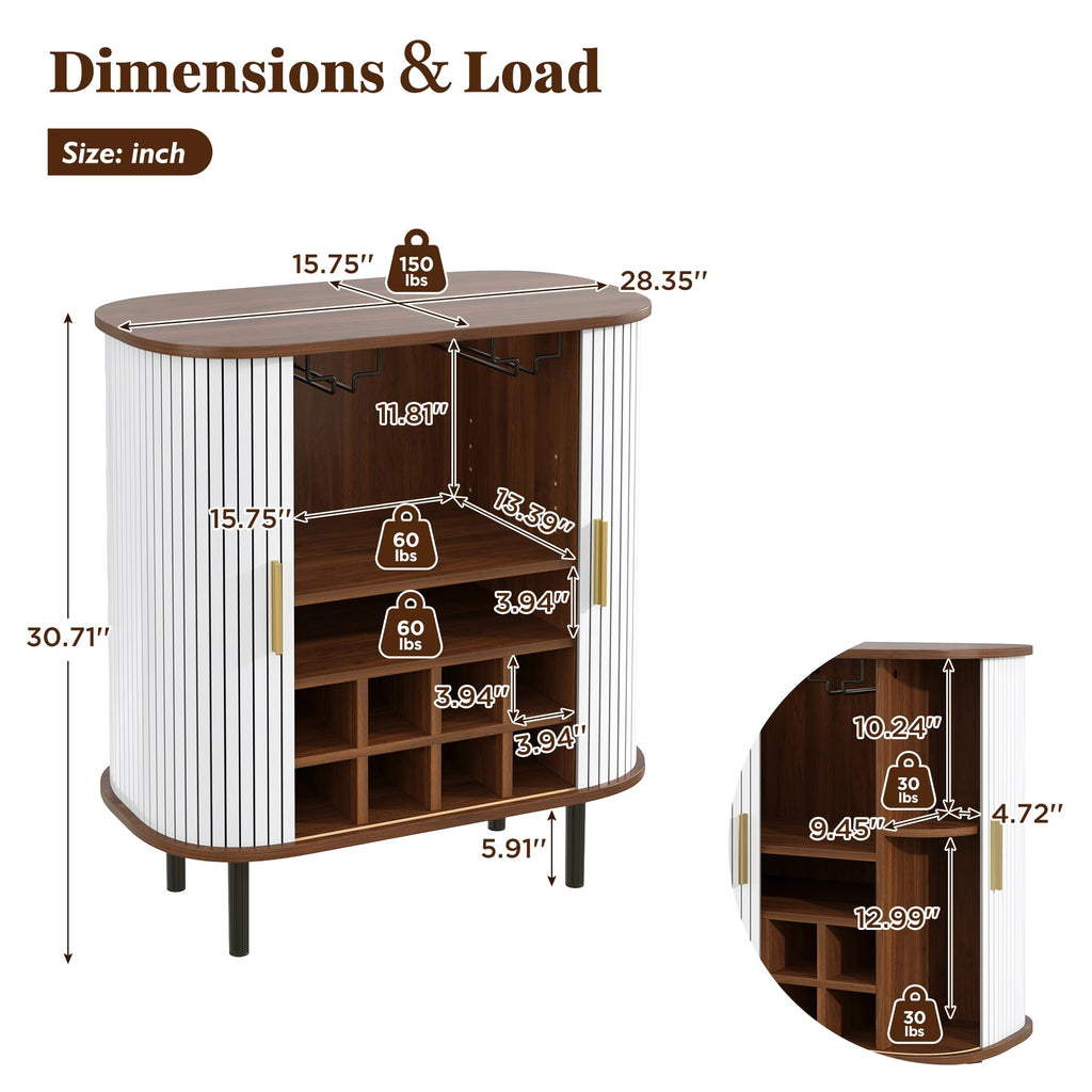 Natural Wine & Coffee Bar Cabinet with Gold Handle & Sliding Tambour Doors,Modern Curved Liquor Cabinet Coffee Station with 8*Wine Rack & 2*Glass Holders,5-Level Adjustable Shelf & Side Hidden Storage