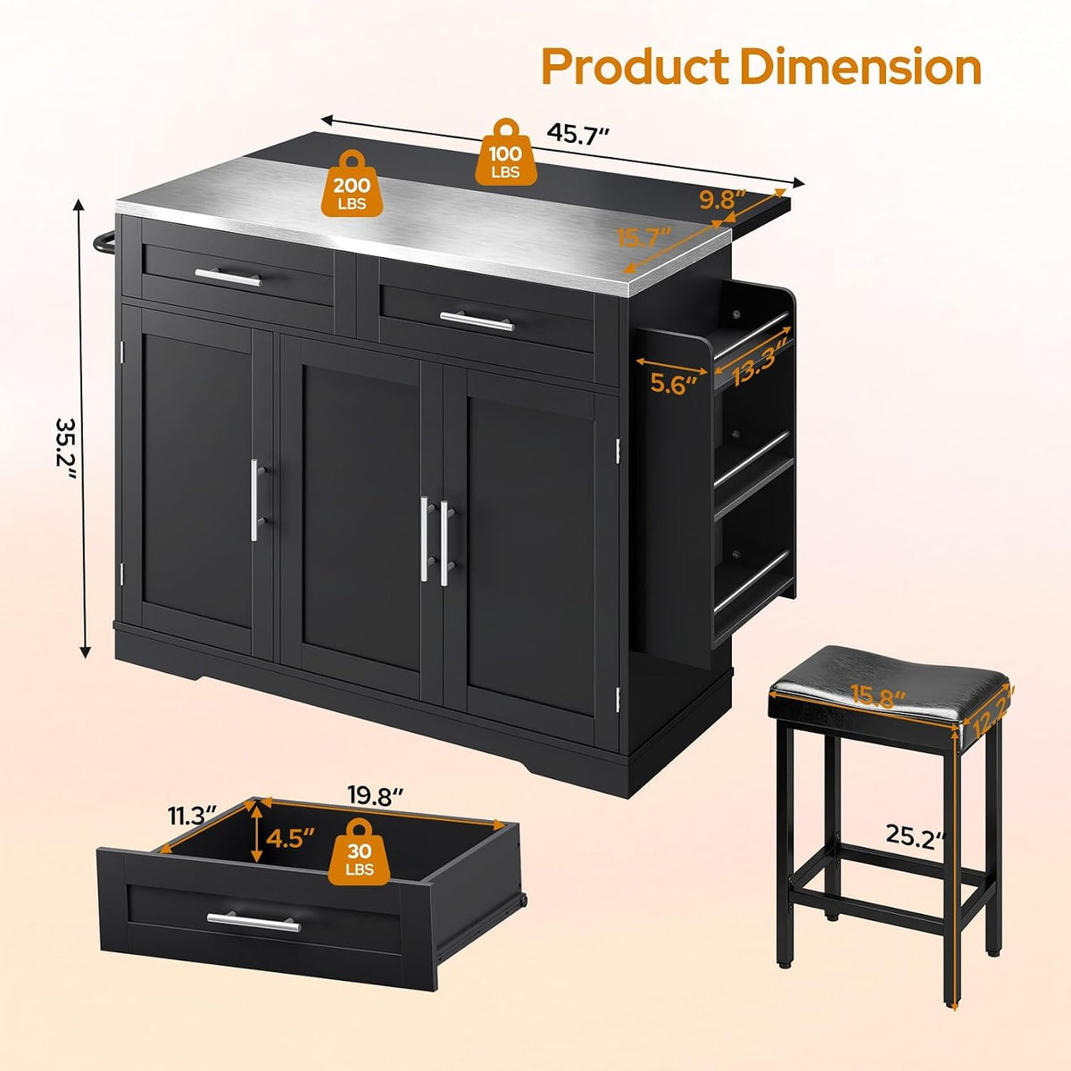 Concho 56" Kitchen Island with Seating Stainless Steel Countertop Black