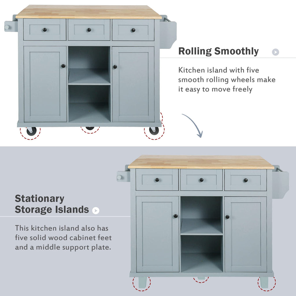 Large Kitchen Island with Rubber Wood Drop Leaf and Silver Handle