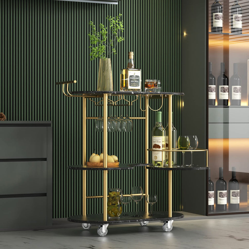 Light Gray Bar Carts with 4-Tier Storage Shelves, Mobile Bar Serving Cart with Wine Rack and Glass Holder, for The Home, Kitchen, Living Room, Dining Room
