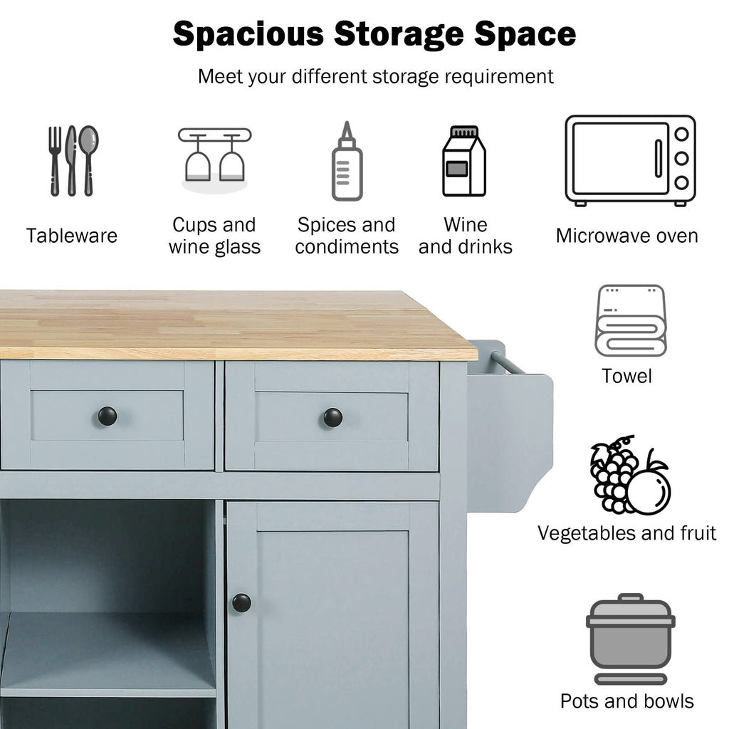 Large Kitchen Island with Rubber Wood Drop Leaf and Silver Handle