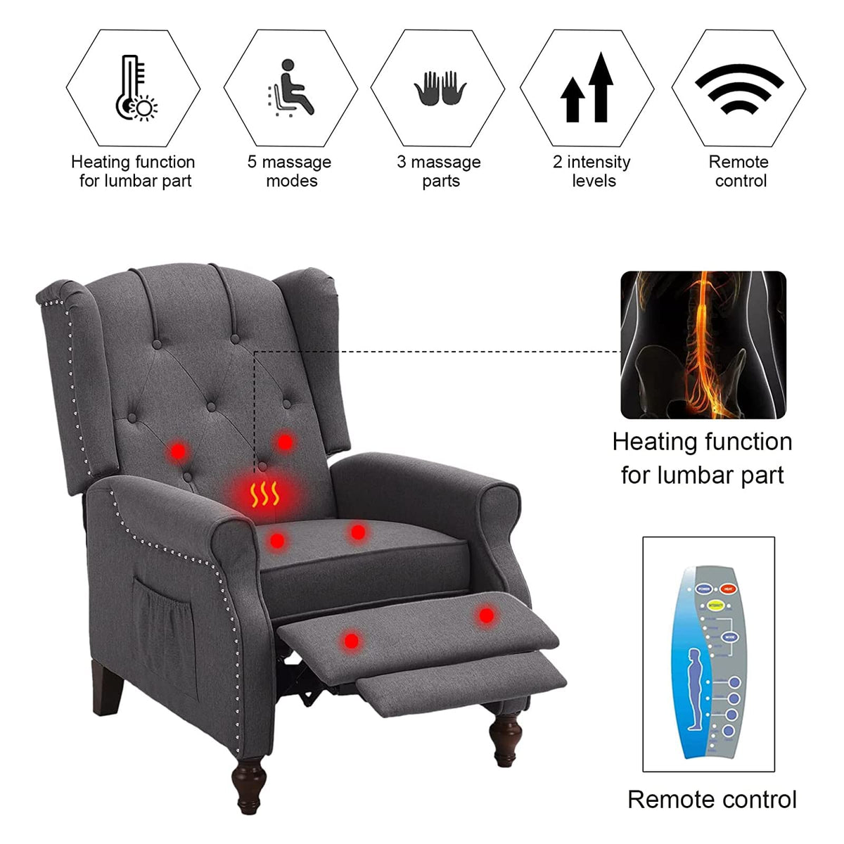 Wingback Recliner Chair - Tufted Arm Chair Recliner - Fabric Push Back Single Sofa for Living Room Adjustable Backrest (Blue Floral)