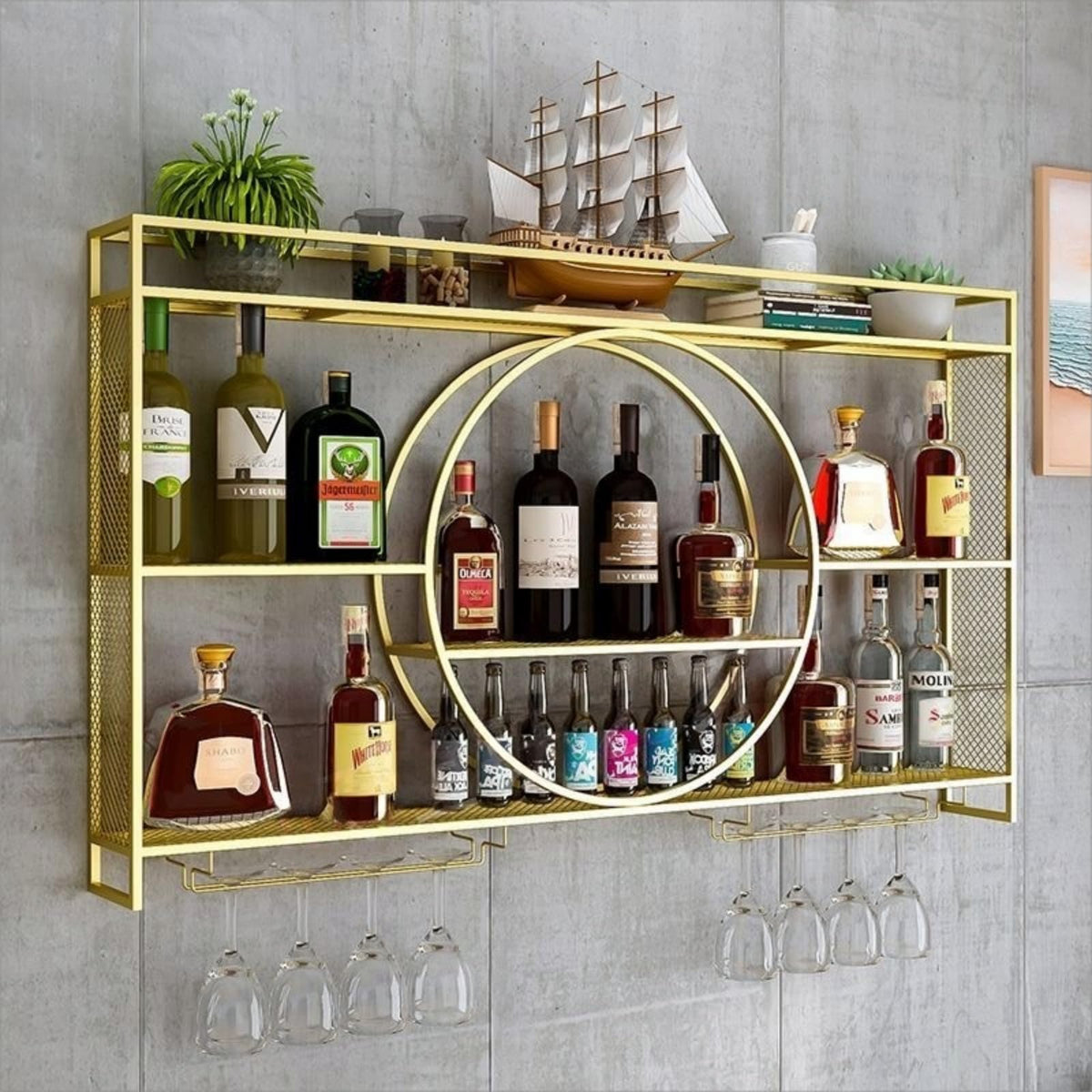 39" Upgrade Metal Wall Mounted Wine Rack, 3-Tier Large Capacity Hanging Bar Shelf, Modern Liquor Wall Shelves for Home & Dining, Gold