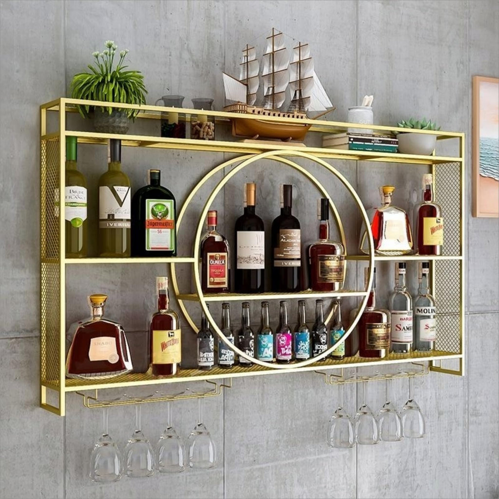 39" Upgrade Metal Wall Mounted Wine Rack, 3-Tier Large Capacity Hanging Bar Shelf, Modern Liquor Wall Shelves for Home & Dining, Gold