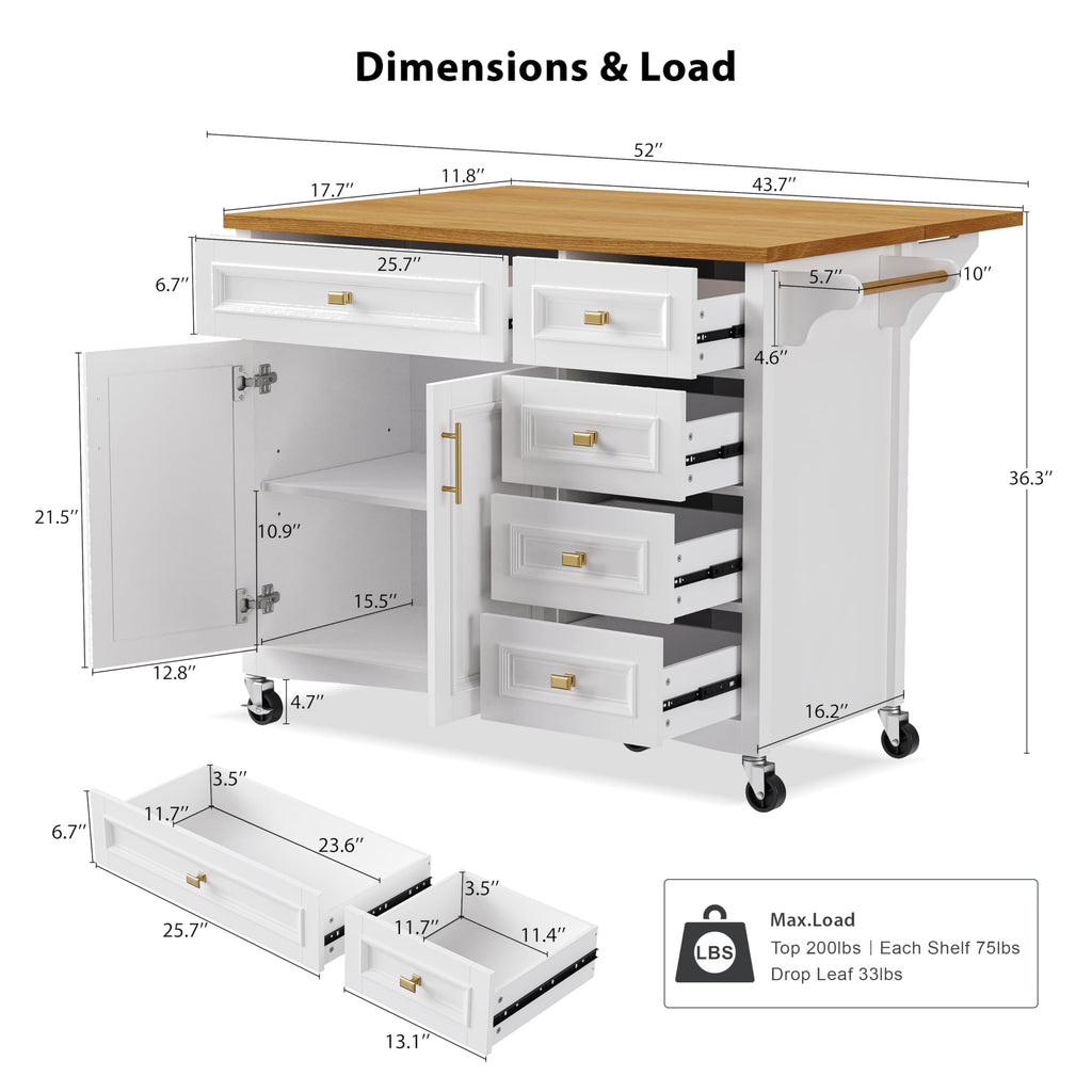 Merax 54" Large Kitchen Cart Island on Wheels with Drop Leaf,Adjustable Shelves,3 Drawers,Embossed Texture Design for Dining Room