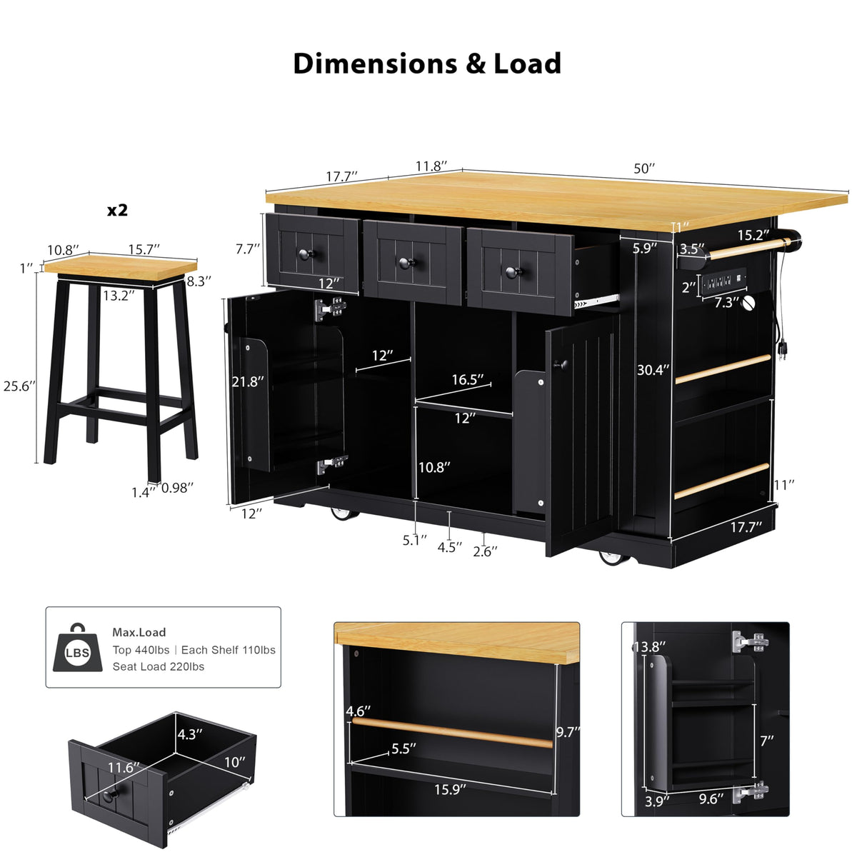 53" Large Kitchen Island with Drop Leaf & Power Outlet, Rolling Kitchen Cart on 5 Wheels with Internal Door Storage Rack, 5 Open Side Racks, 3 Drawers, 2 Doors for Kitchen Dining Room