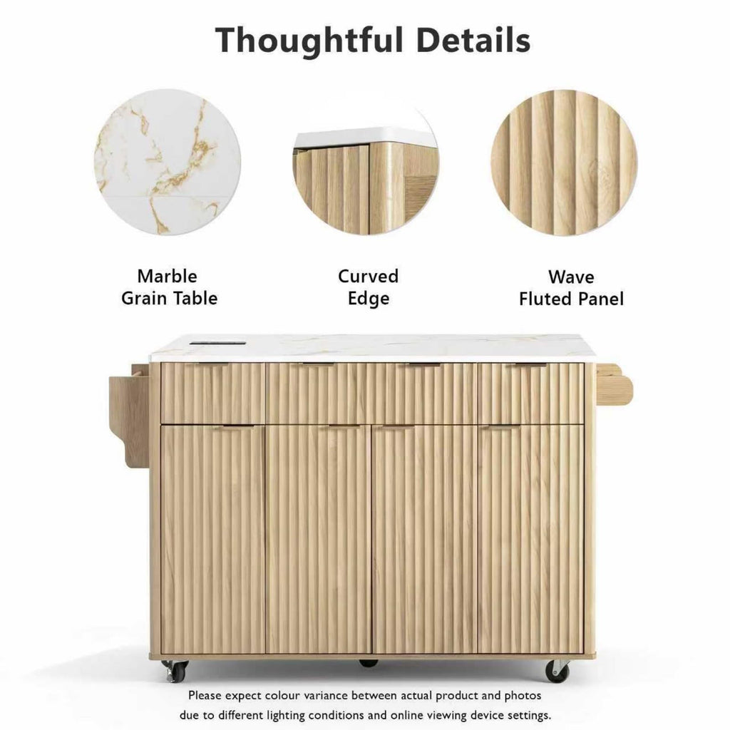 Large Fluted Kitchen Island Cart on Wheels with Storage, Natural