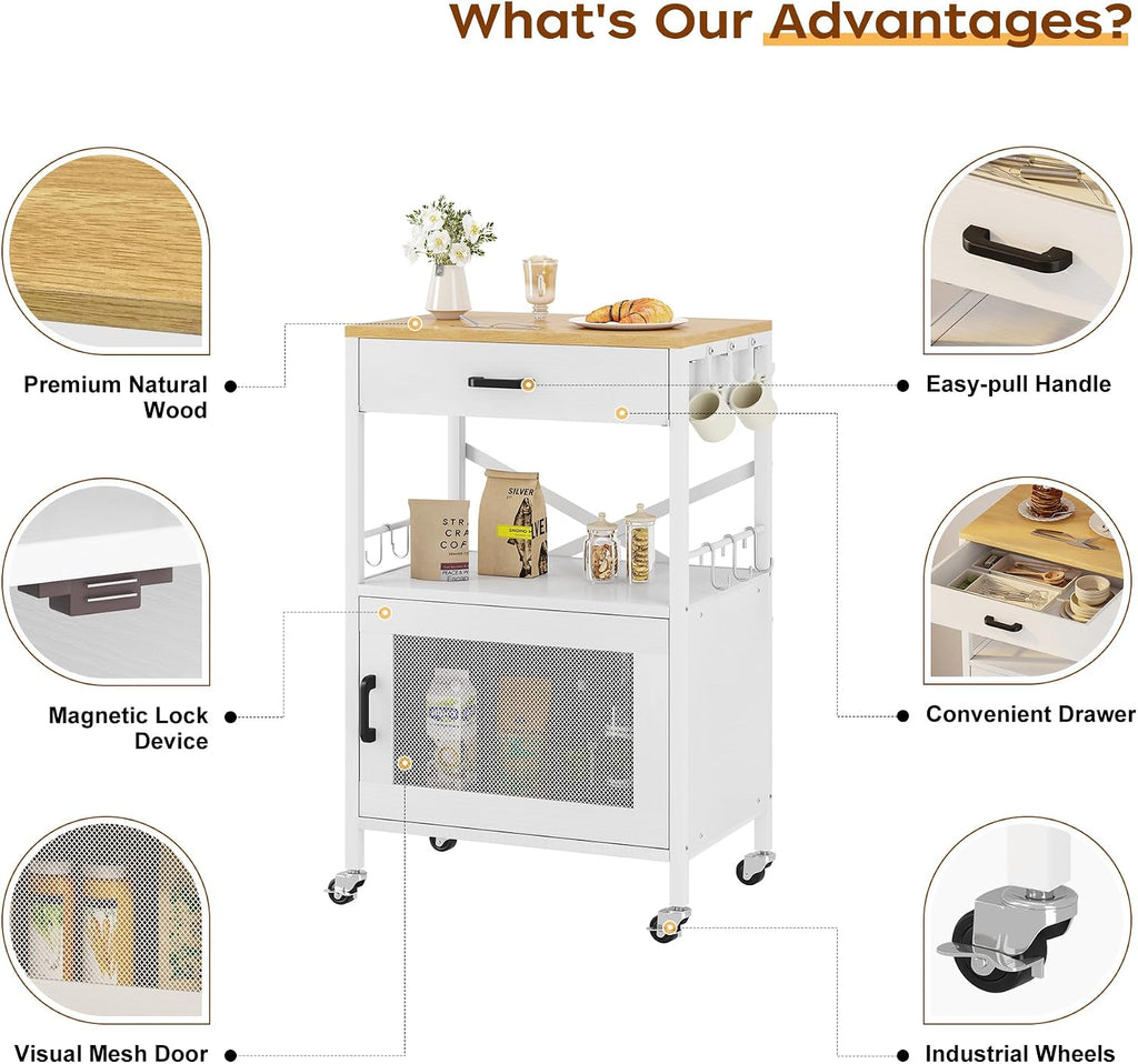 Homeiju Kitchen Island Cart, Kitchen Storage Cart with Drawer, Microwaves Stand, Coffee Cart, Rolling Kitchen Cabinet Cart with Hooks for Kitchen, Dining Room, White