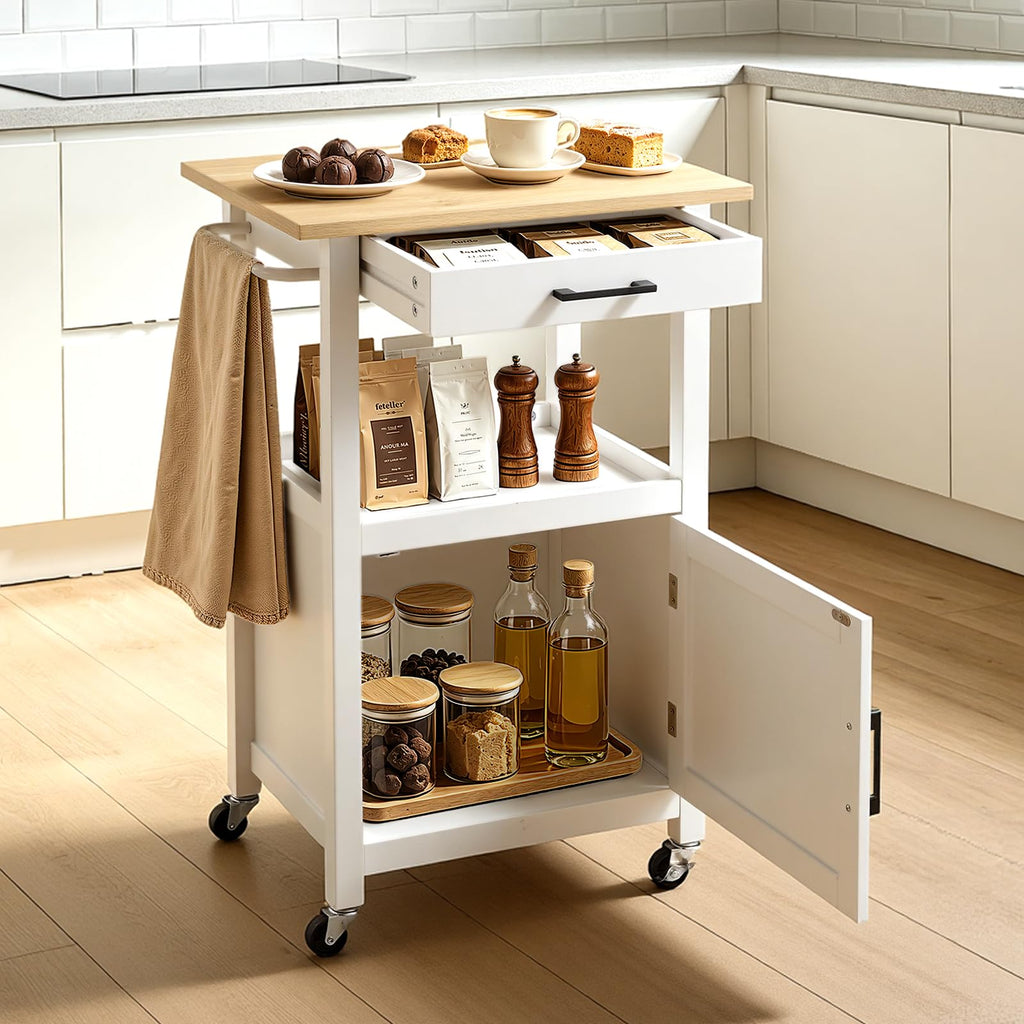 VEVOR Kitchen Island Cart with Storage, 47.64 in Wide Mobile Rolling Storage Island on Swivel Wheels, with 2 Drawers, Storage Cabinet, Drop Leaf, Towel Rack, Table for Home Dining Room, White