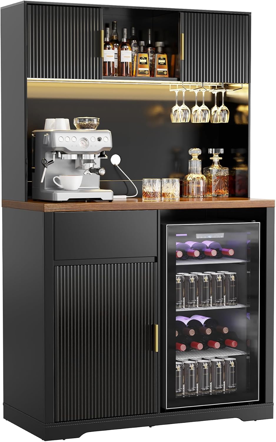 GDLF 72" Tall Coffee Bar Cabinet with Fridge Space, Fluted Liquor Home Bar