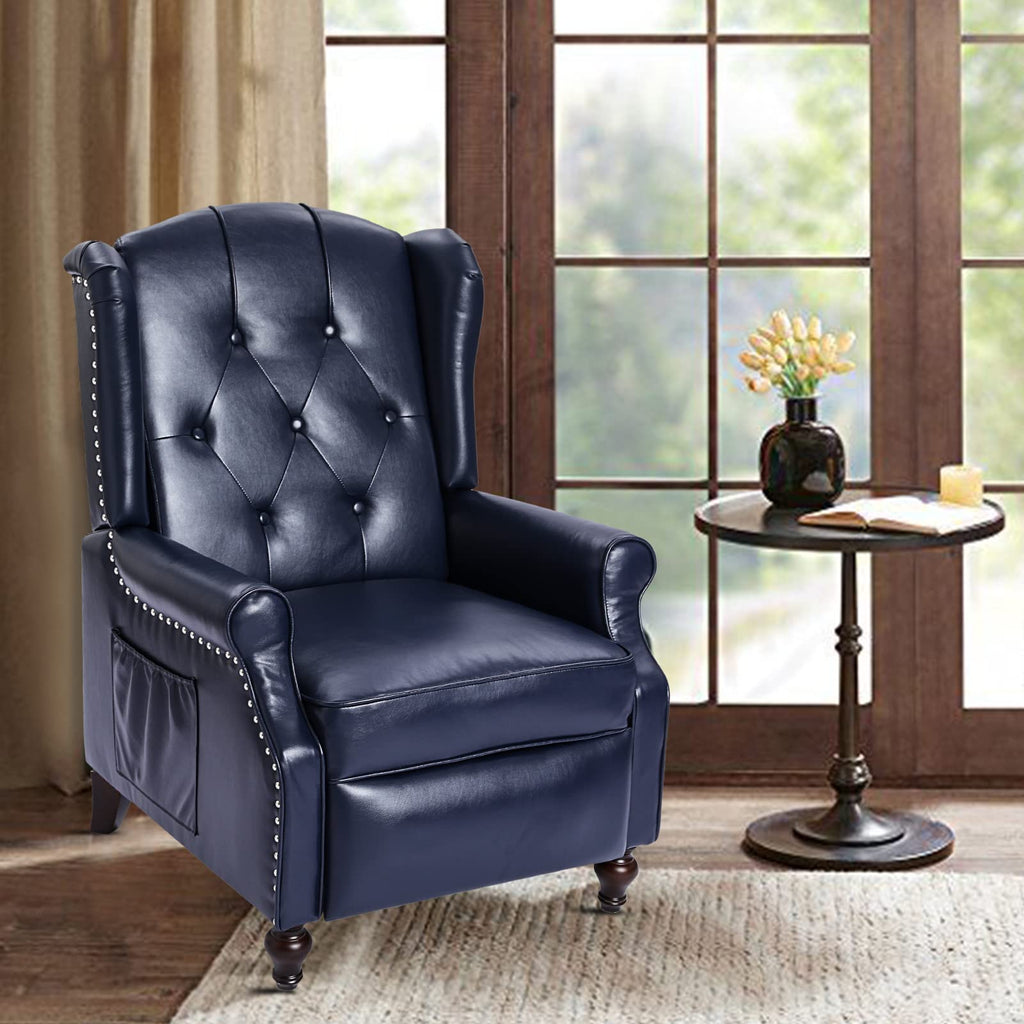 Wingback Recliner Chair - Tufted Arm Chair Recliner - Fabric Push Back Single Sofa for Living Room Adjustable Backrest (Blue Floral)