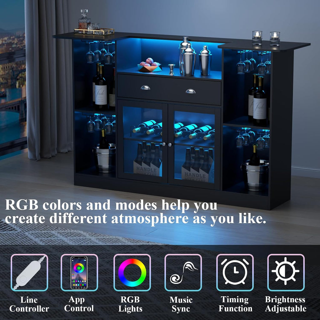 63" LED Bar Cabinet with Drawer, 8-Tier Storage & Glass Holders for Home