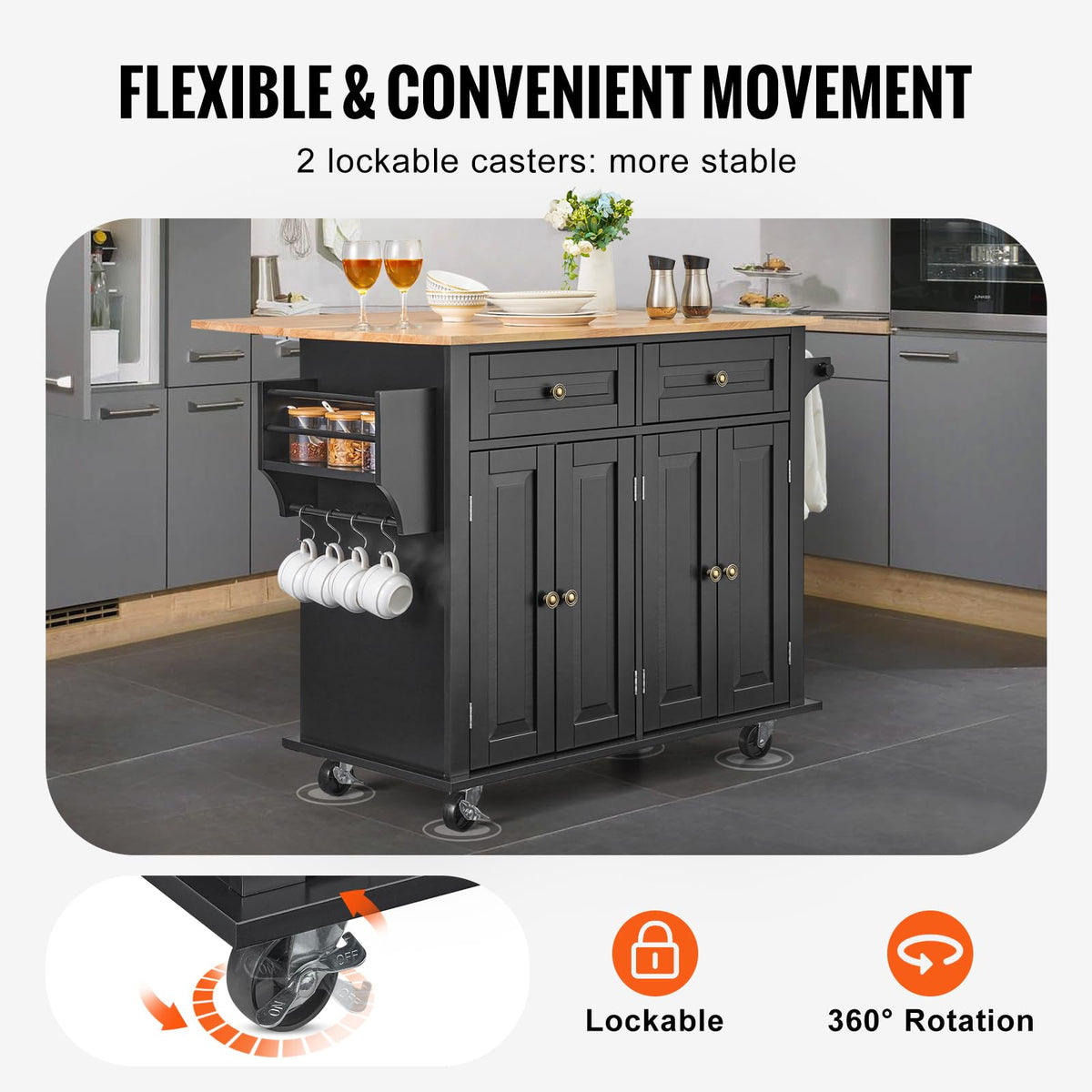 VEVOR Kitchen Island Cart with Storage, 47.64 in Wide Mobile Rolling Storage Island on Swivel Wheels, with 2 Drawers, Storage Cabinet, Drop Leaf, Towel Rack, Table for Home Dining Room, White