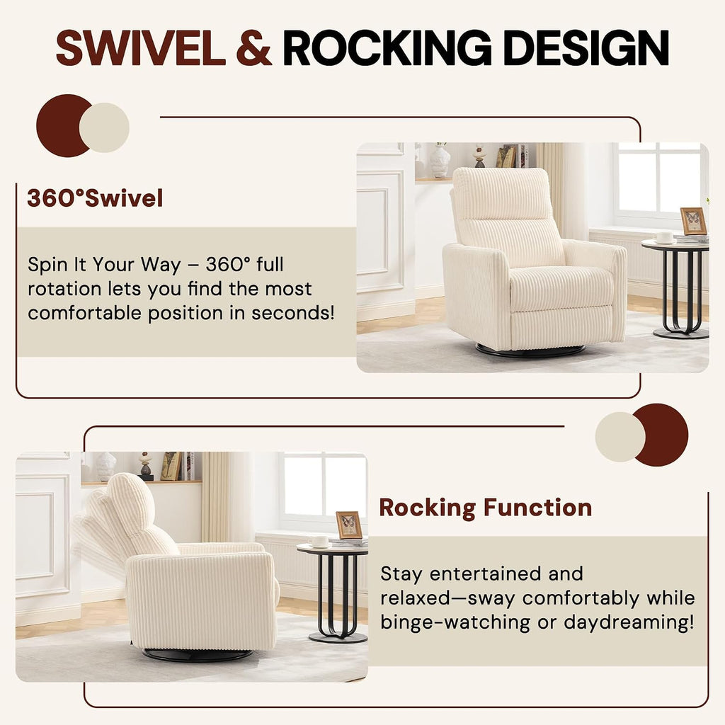Korser 360Â° Swivel Glider Rocker Manual Recliner, High Back Corduroy Recliner with Curved Armrests, Beige Nursery Rocking Reclining Chair for Living Room Bedroom Adults