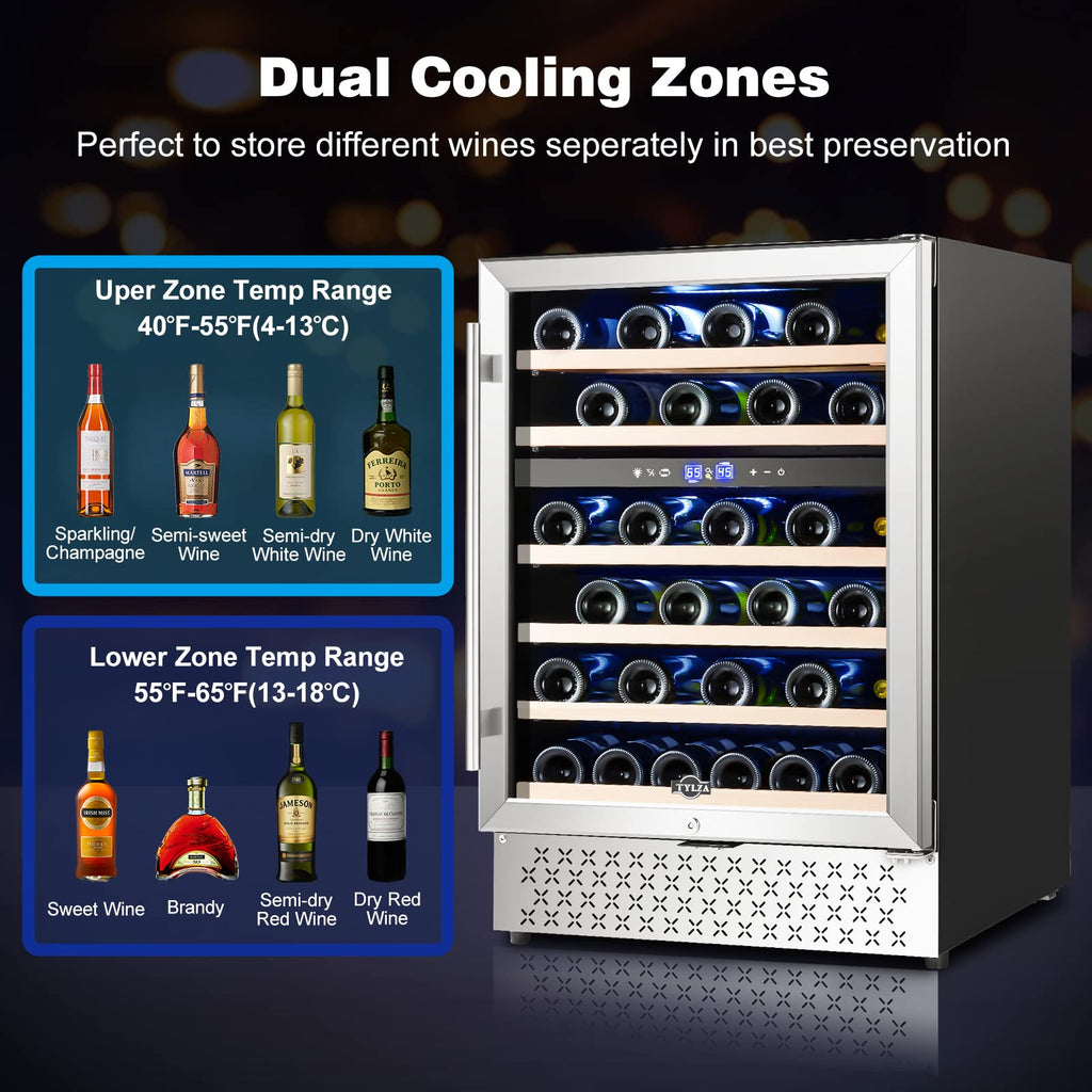 Tylza Wine Fridge 15'', 30 Bottles Wine Cooler Refrigerator, Undercounter or Freestanding, Removable Shelves, 40-65Â°F, Wine Cabinet with Double Glass Door, Wine Cooler for Home, Kitchen, Bar