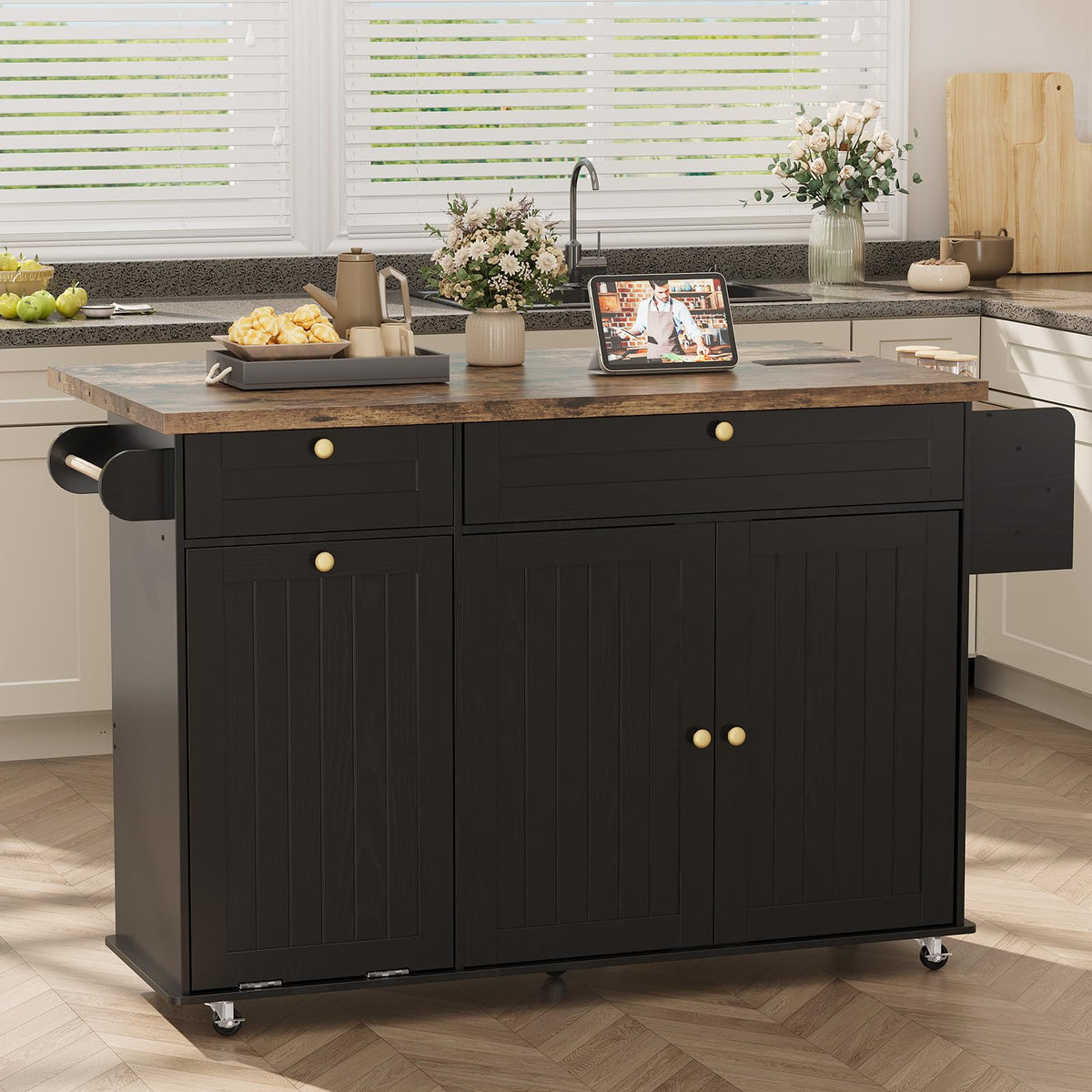 ComfyCorner 60" Rolling Large Kitchen Island on Wheels with Extendable Table, Drop Leaf & Power Outlet, Mobile Kitchen Cart with Storage Cabinet, 2 Drawers, Spice Rack, Towel & Knife Holder, Green