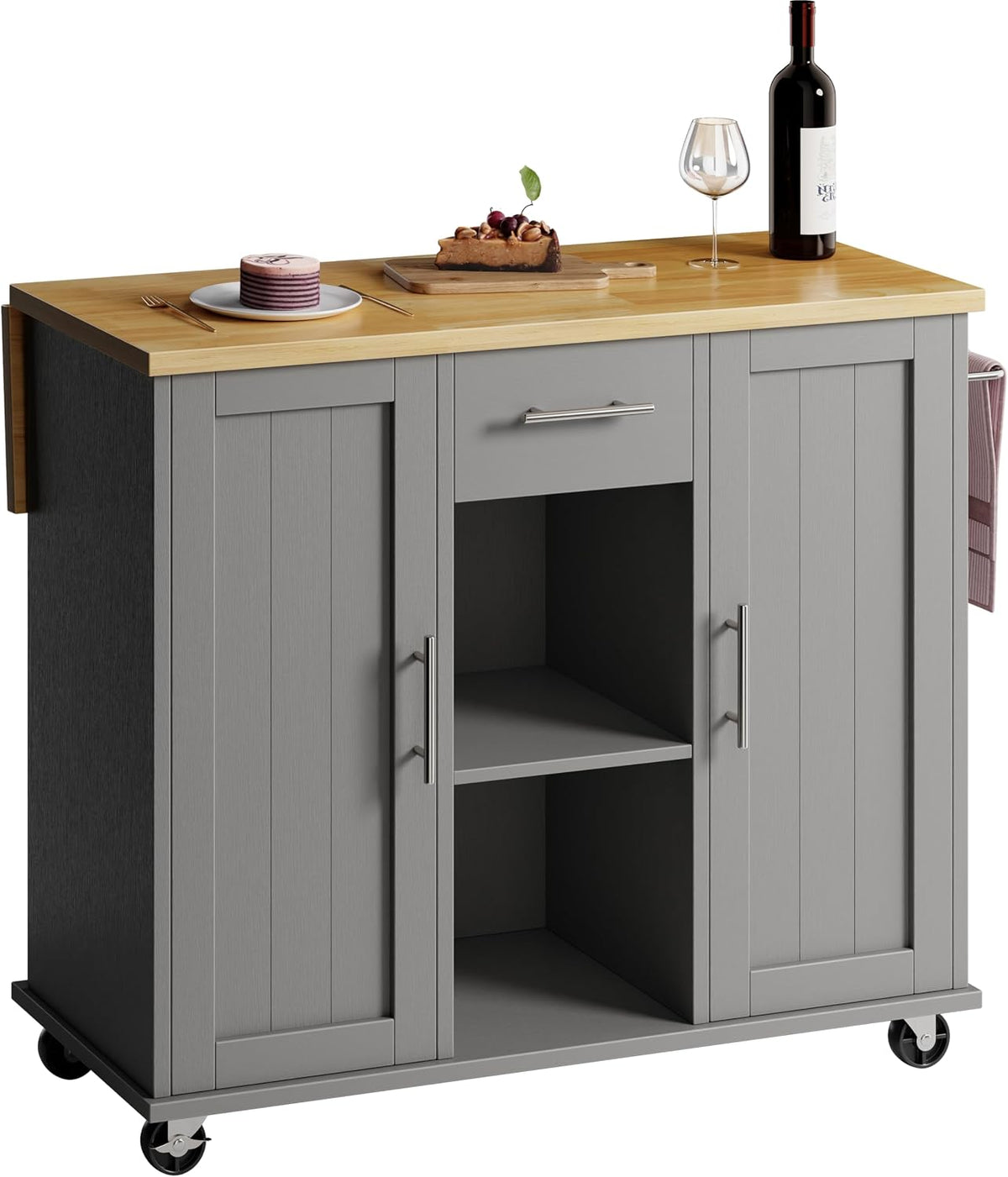 SUNLEI Rolling Kitchen Island Cart with Wheels, Island Table for Kitchen, Farmhouse Kitchen Cart with Drop Leaf & Towel Rack & Drawer, Kitchen Islands Table with Storage Cabinet, Grey